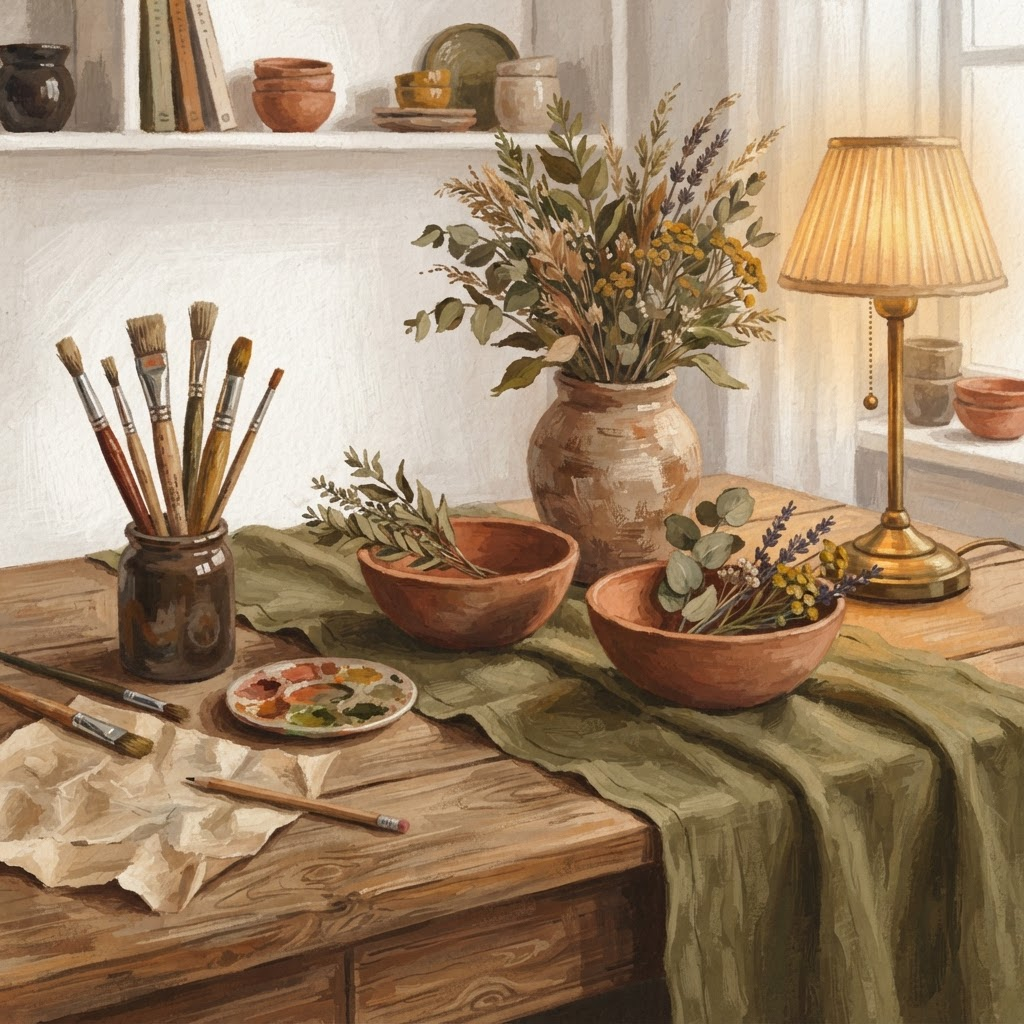 Illustration d'un atelier : pinceaux, poterie en terre cuite et plantes séchées sur une table en bois.