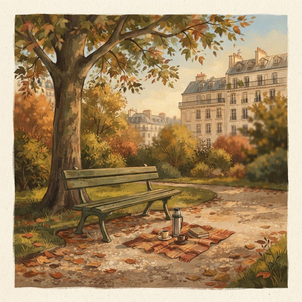 Illustration d'un banc et d'un plaid sous un arbre dans un parc parisien en automne, avec un thermos et deux tasses.